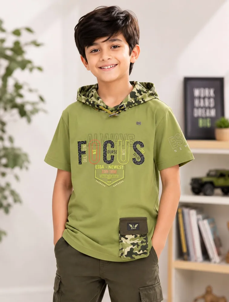 Parrot Green Kids Urban Camo Graphic Hooded TShirt