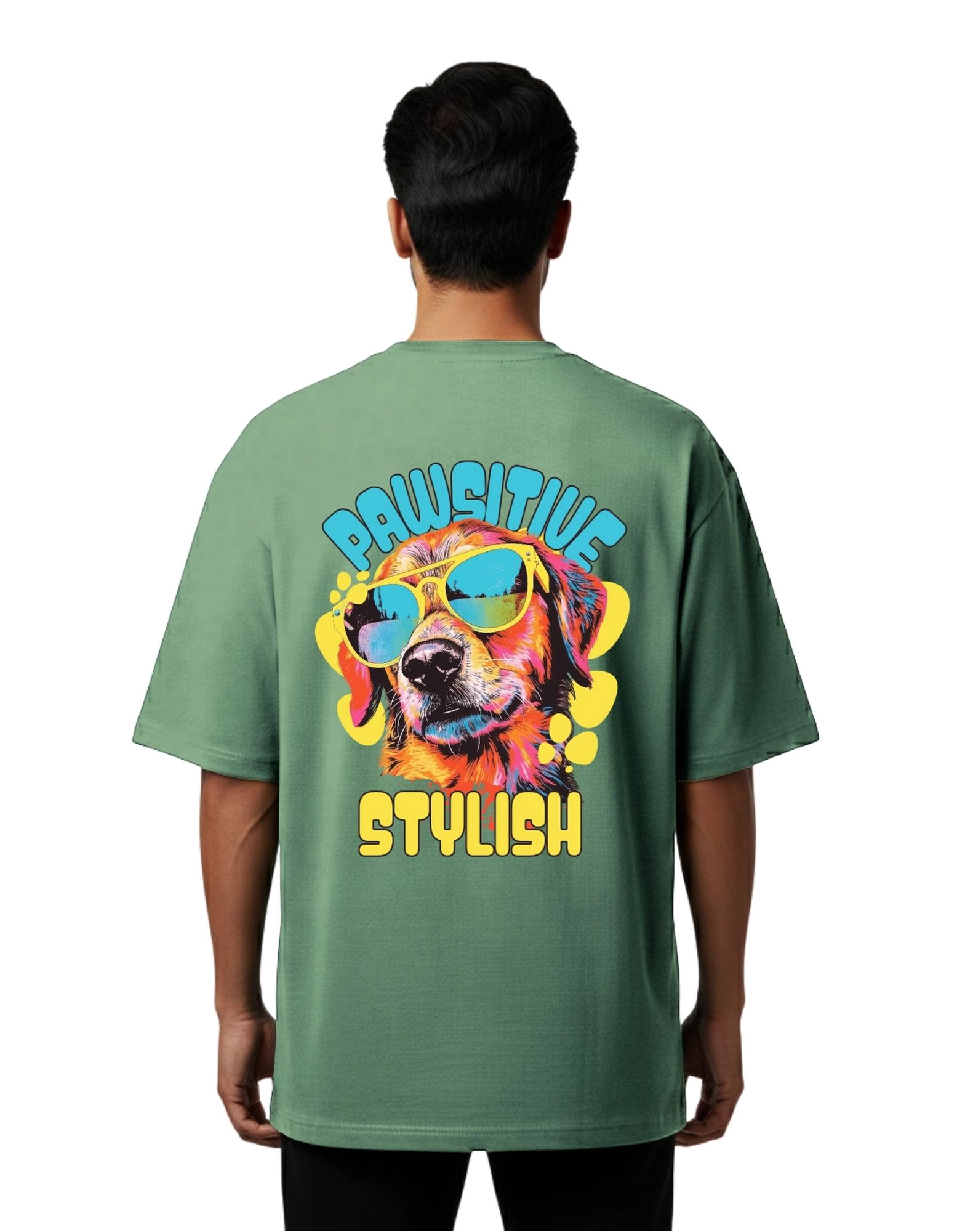 Pawsitive Stylish Graphic Oversized Cotton French Terry T-Shirt 240 GSM D Green