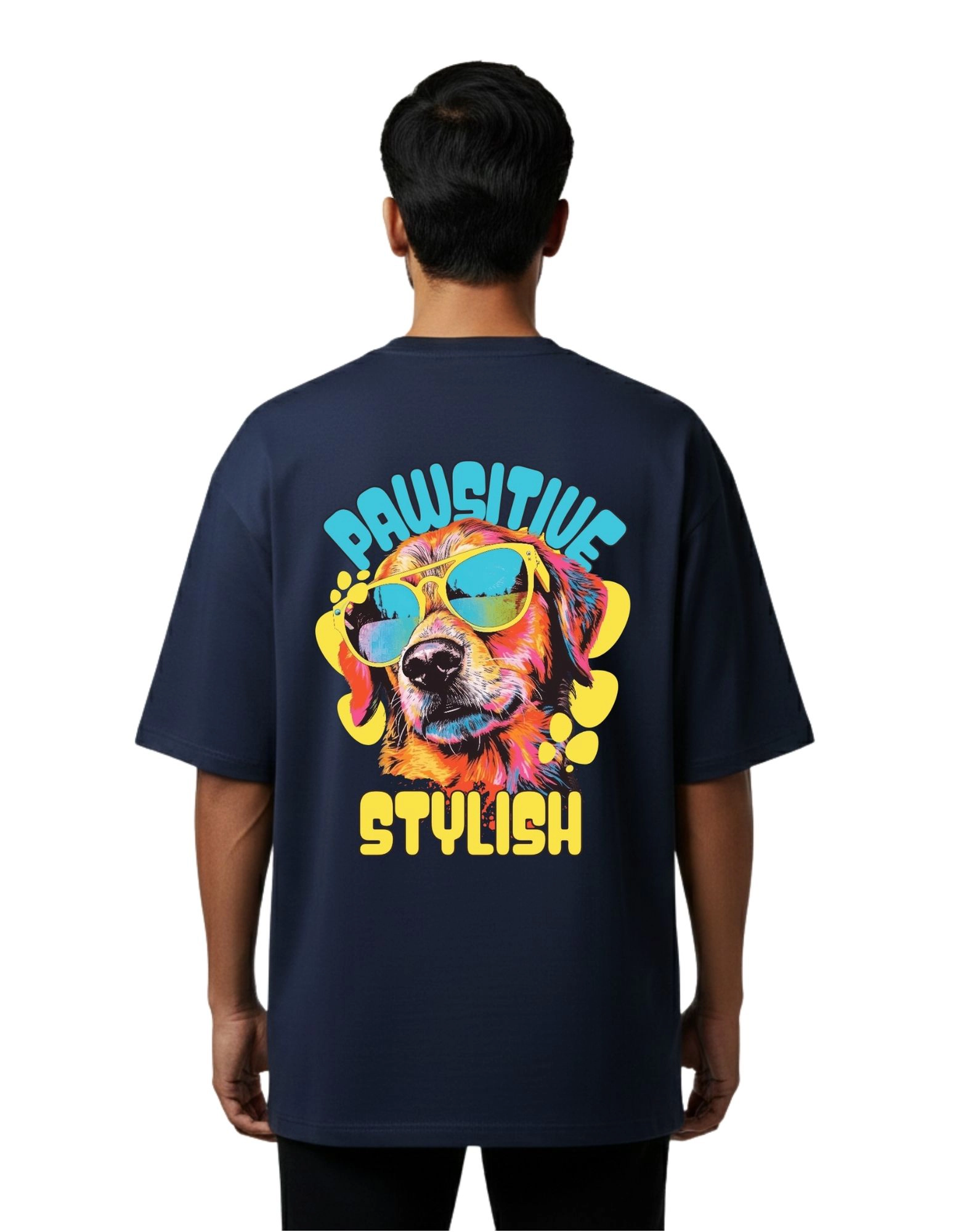 Pawsitive Stylish Graphic Oversized Cotton French Terry T-Shirt 240 GSM Navy Blue
