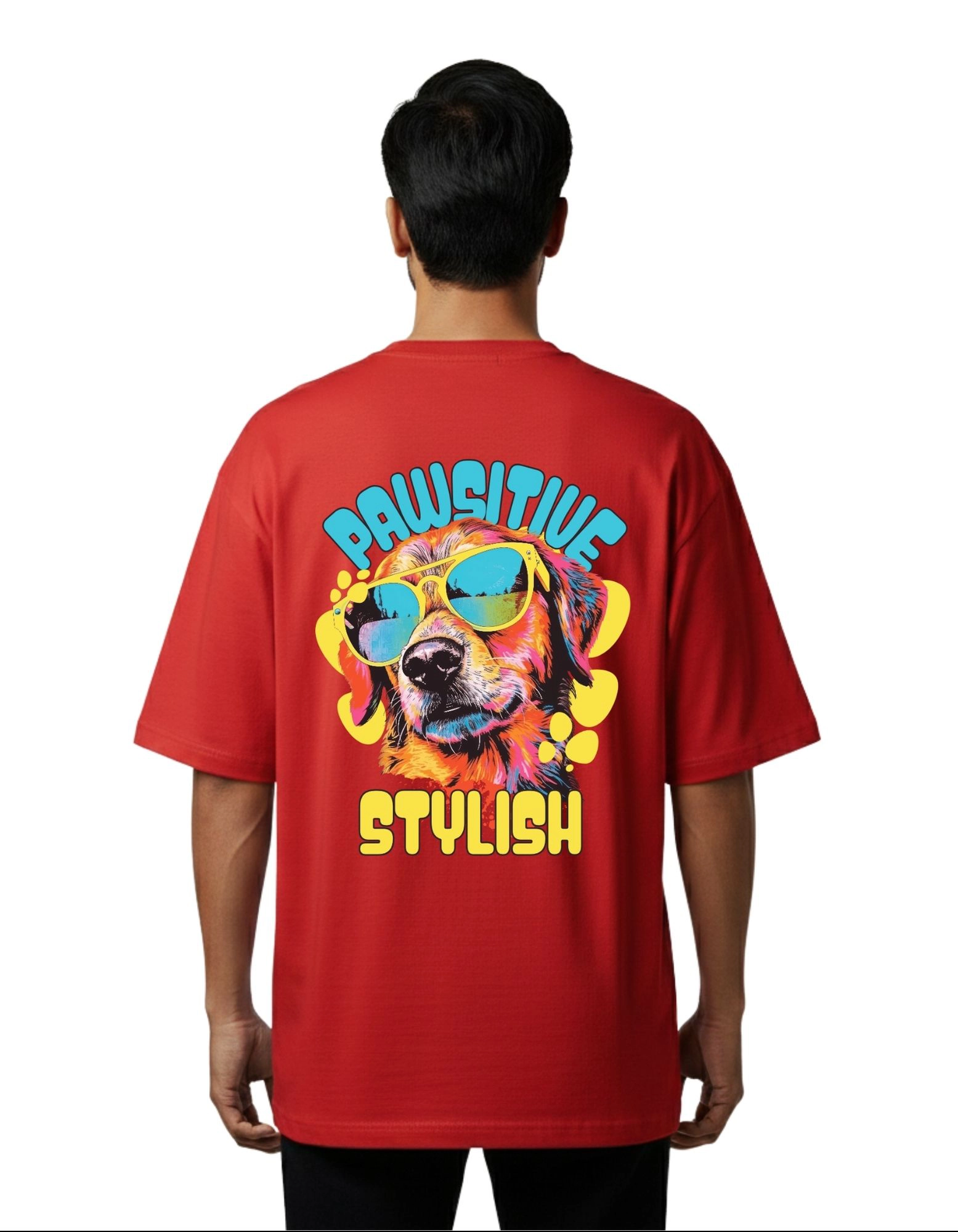 Pawsitive Stylish Graphic Oversized Cotton French Terry T-Shirt 240 GSM Red