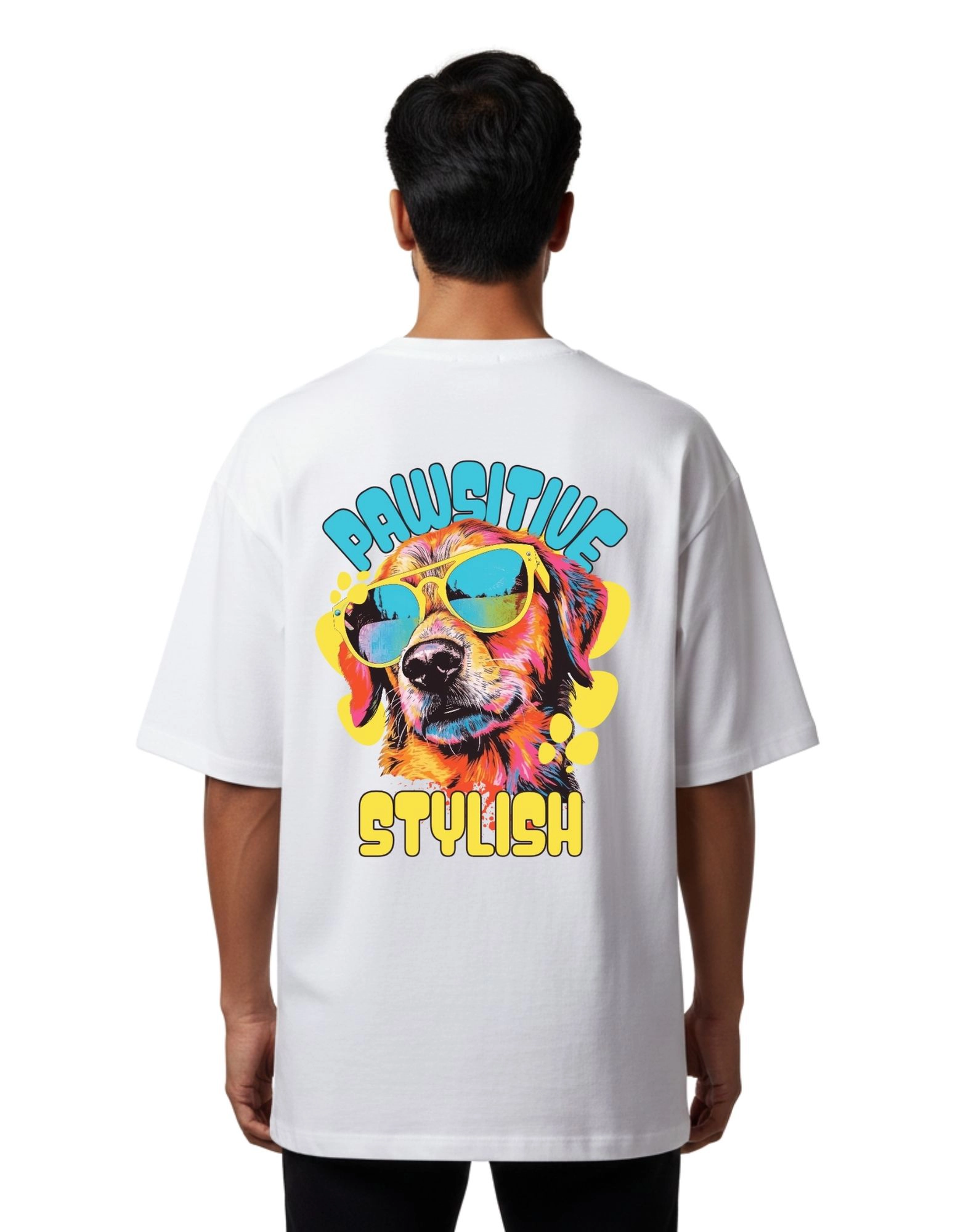 Pawsitive Stylish Graphic Oversized Cotton French Terry T-Shirt 240 GSM White