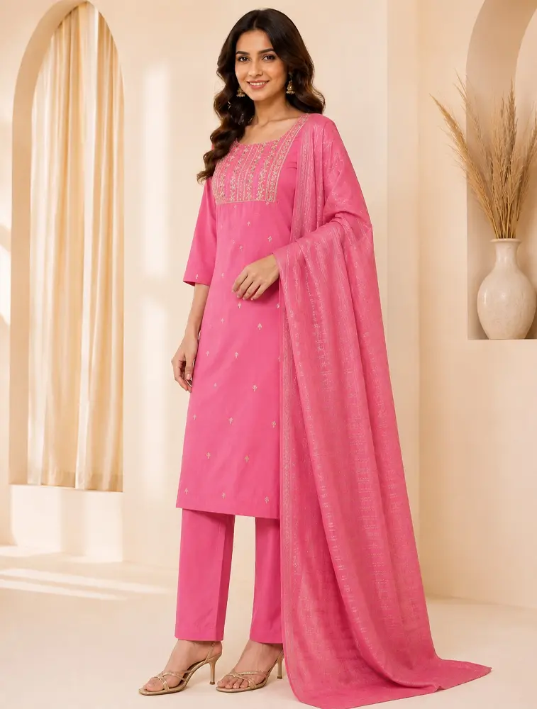 Peach  Womens printed cotten Kurtha set with Dupatta 