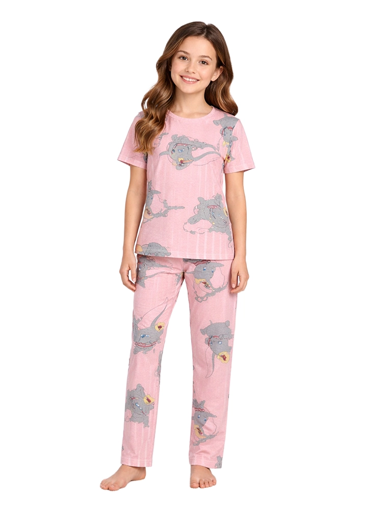 Peach Girls Cotton Printed Night Suit Set