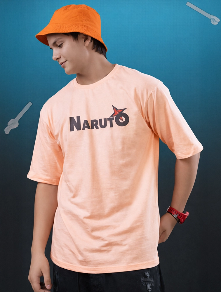 Peach Naruto Uzumaki Graphic Boys Oversized Cotton French Terry Half Sleeve Round Neck 220 GSM T shirt