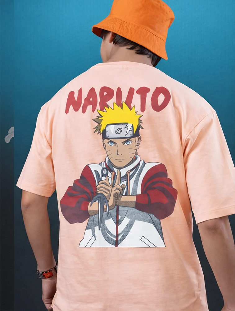 Peach Naruto Uzumaki Graphic Boys Oversized Cotton French Terry Half Sleeve Round Neck 220 GSM T shirt