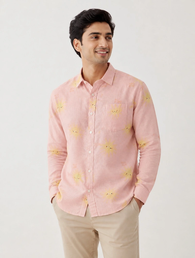 Peach Orange  Mens Regular Fit Solid Spread Collar Linen Casual Shirt