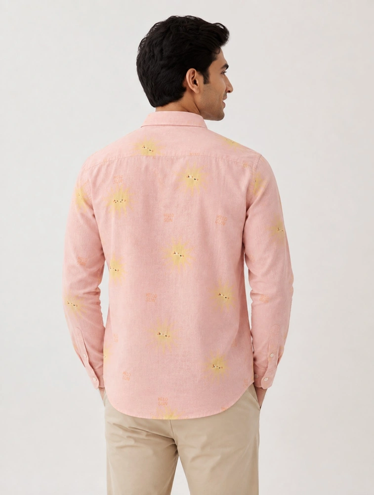 Peach Orange Mens Regular Fit Solid Spread Collar Linen Casual Shirt