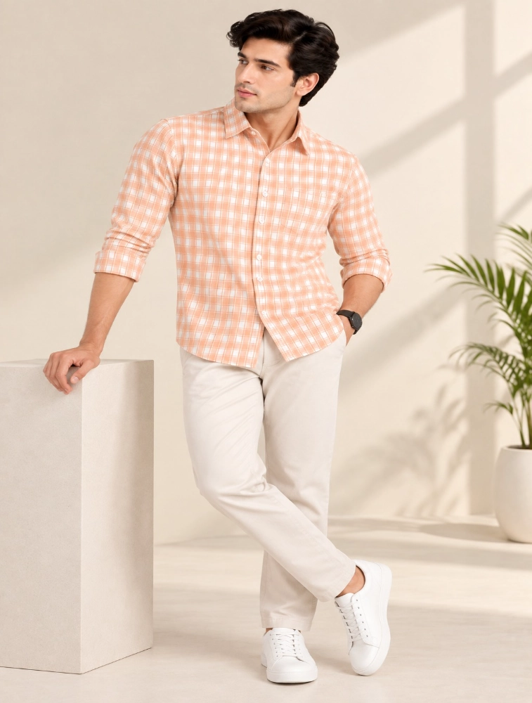 Peach Orange Mens Slim Fit Checks Casual Shirt