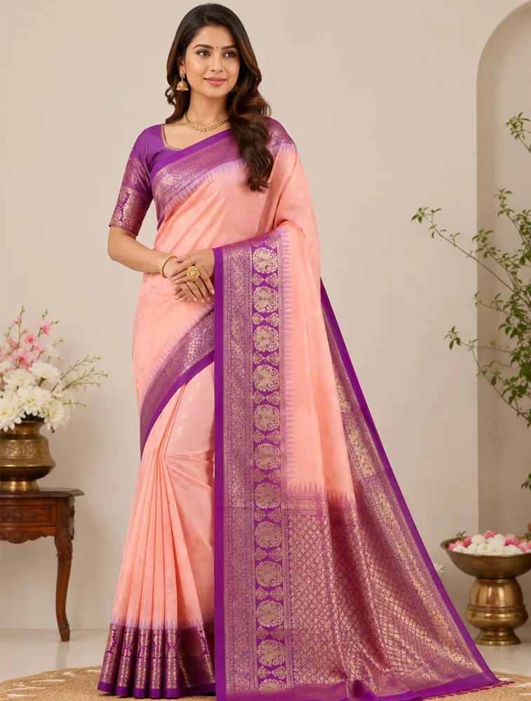 Peach Orange Womens Premium Semi Gadwal Saree