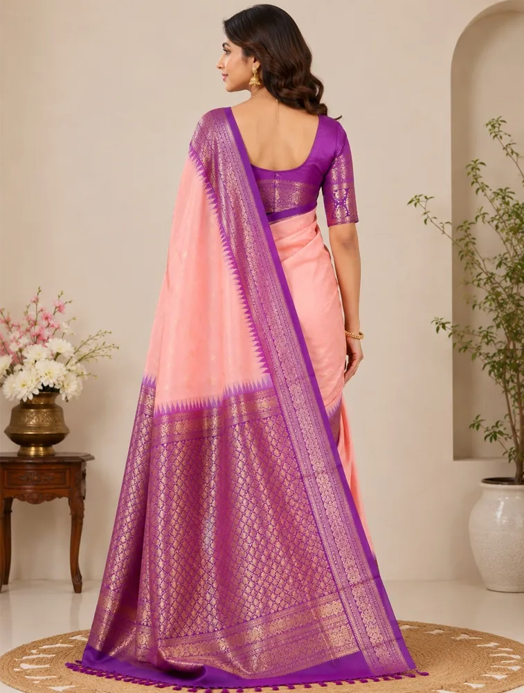 Peach Orange Womens Premium Semi Gadwal Saree — bulk from ₹3919