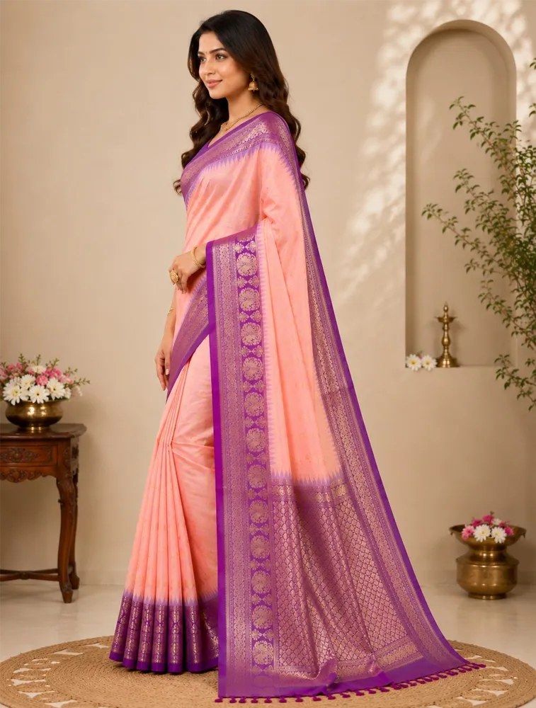 Peach Orange Womens Premium Semi Gadwal Saree 