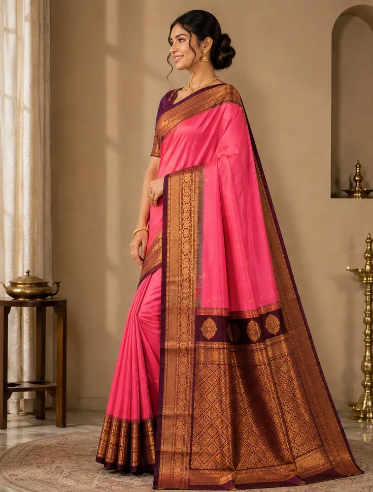 Peach Orange Womens Premium Semi Gadwal Saree