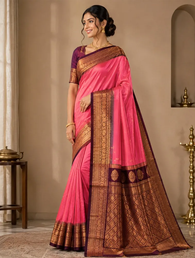 Peach Orange Womens Premium Semi Gadwal Saree  