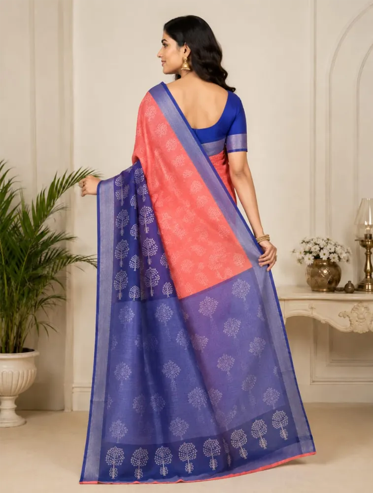Peach Orange Womens Premiun Pure Linen Sarees
