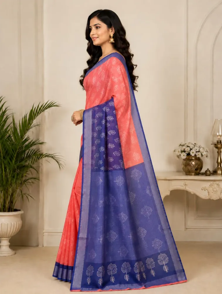 Peach Orange Womens Premiun Pure Linen Sarees — bulk from ₹1956
