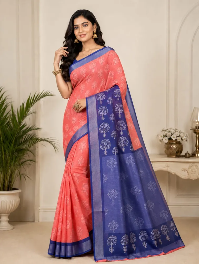 Peach Orange Womens Premiun Pure Linen Sarees — bulk from ₹1956