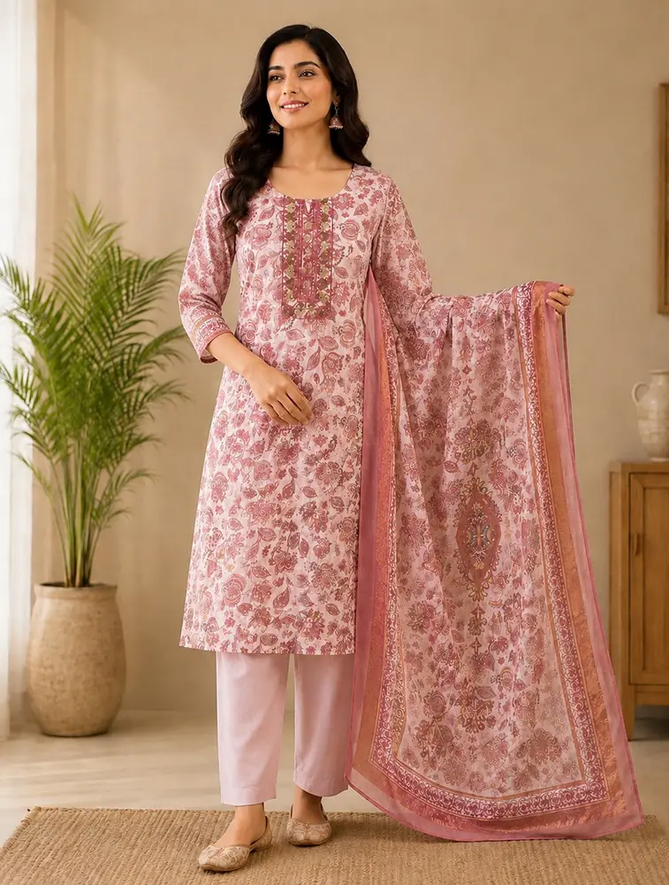 Peach Womens Floral Printed Rayon Fabric Kurtha Set With Dupatta  