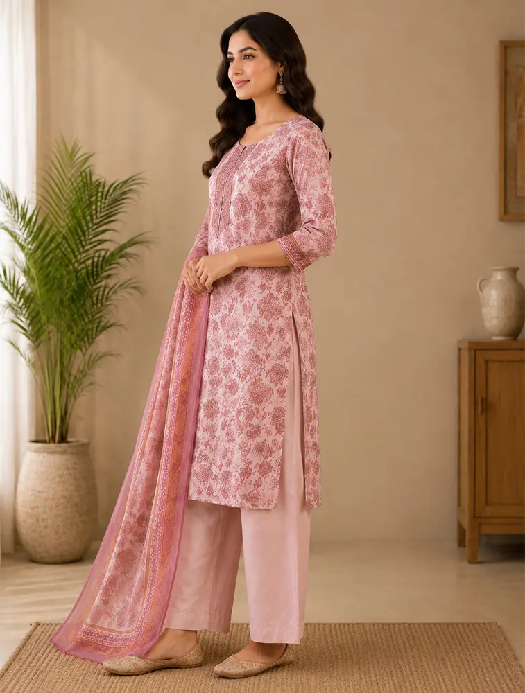 Peach Womens Floral Printed Rayon Fabric Kurtha Set With Dupatta  