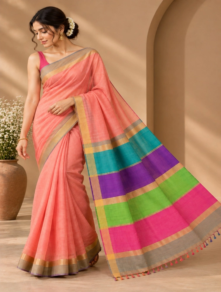 Peach Womens Premium Banana Cotton Saree