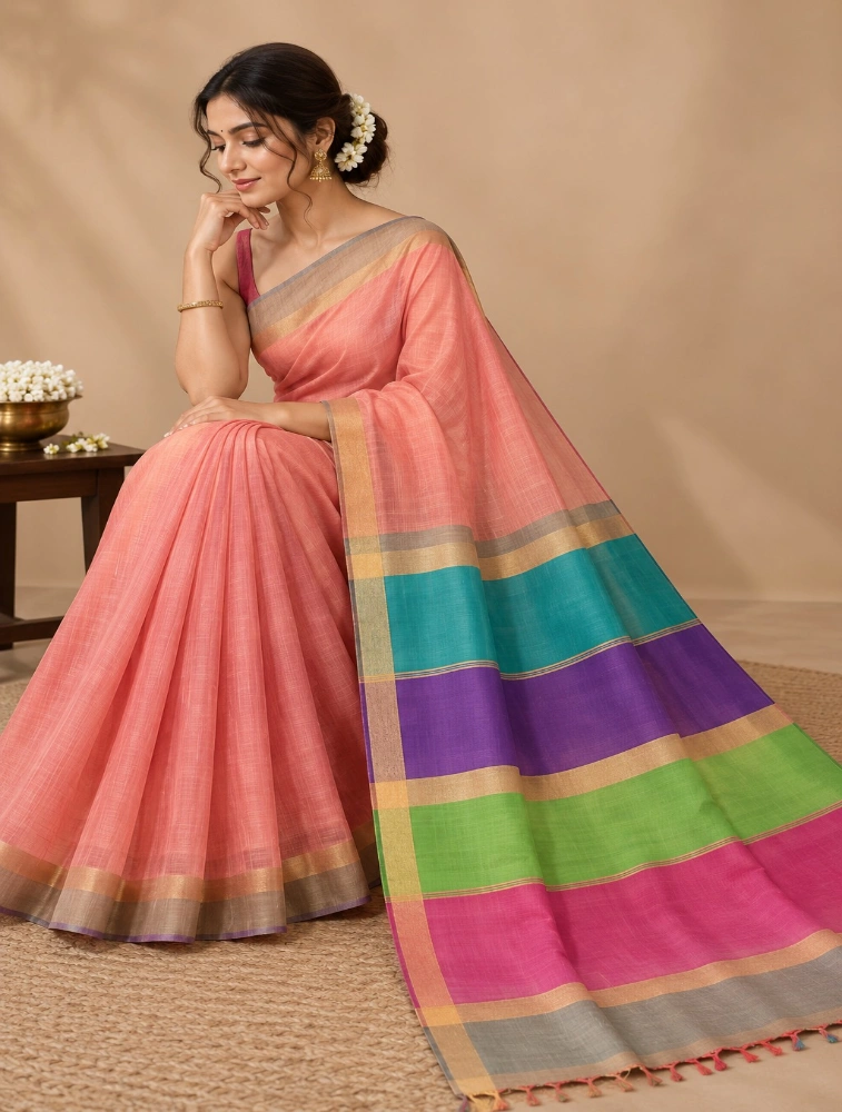Peach Womens Premium Banana Cotton Saree