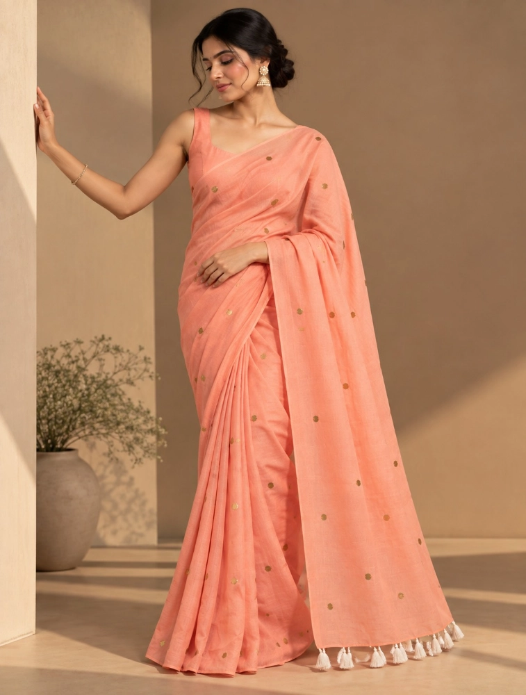 Peach Womens Premium Khadi Cotton Saree
