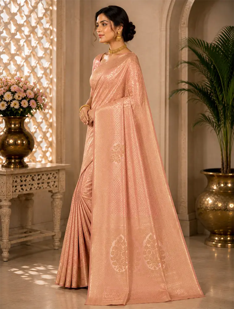 Peach Womens Premium Tissue Brocade 3 Card Saree