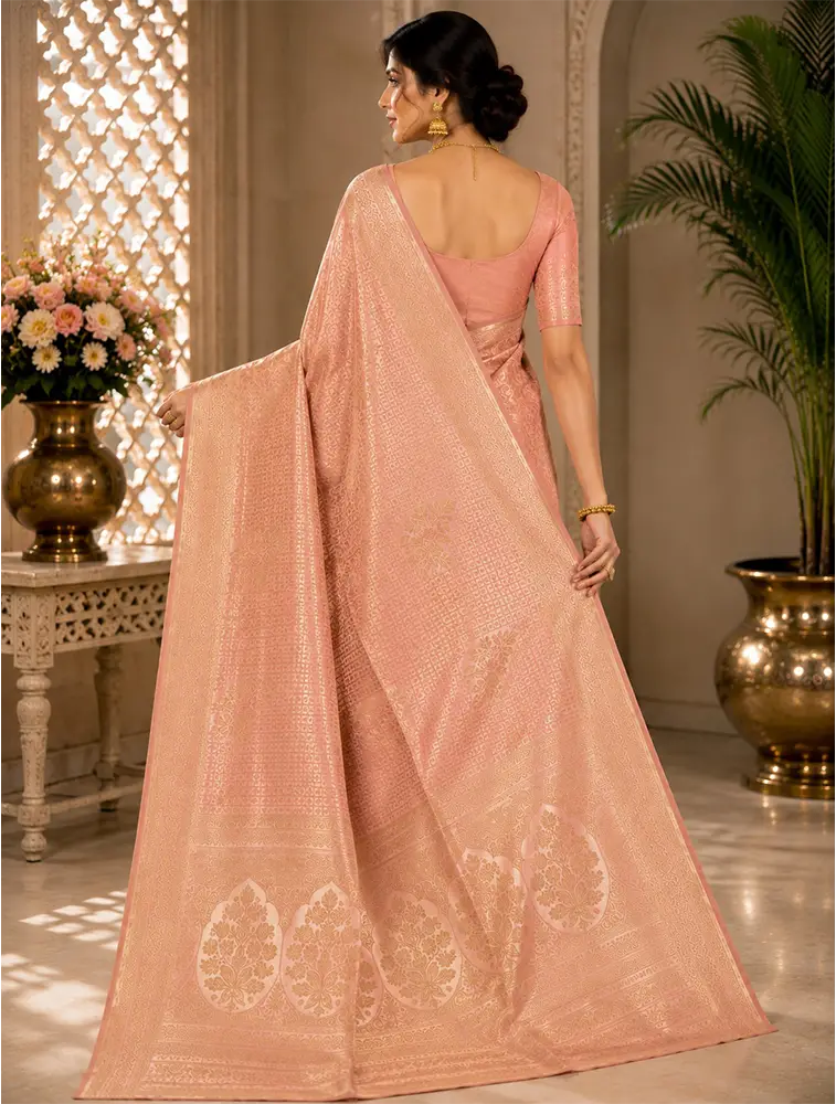 Peach Womens Premium Tissue Brocade 3 Card Saree