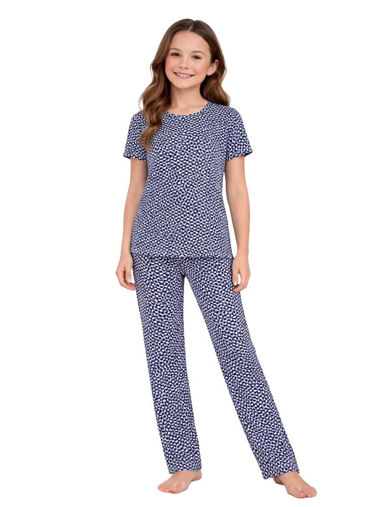 Peacock Blue Girls Cotton Printed Night Suit Set