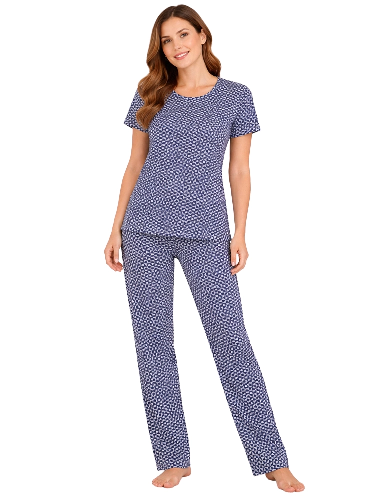 Peacock Blue Women Cotton Printed Night Suit Set