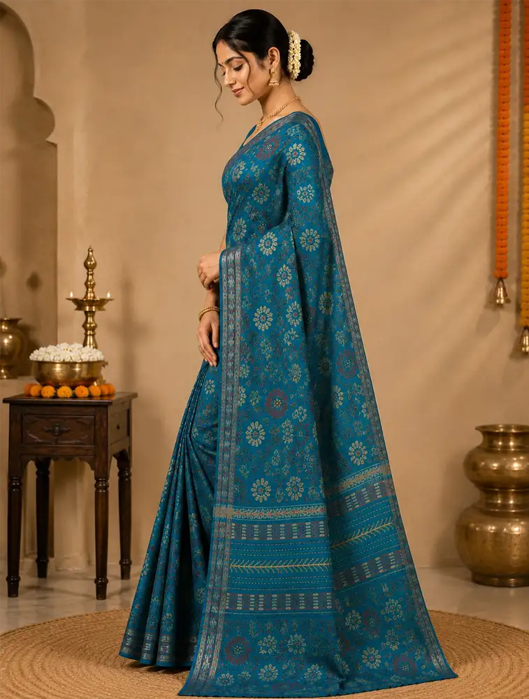 Peacock Blue Womens Printed Heritage Slub Cotton Saree 