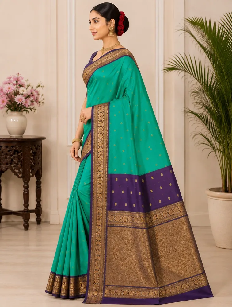 Peacock Green Womens Premium Semi Gadwal Saree