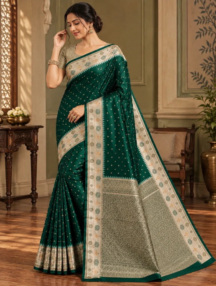 Peacock Green Womens Premium Semi Gadwal saree With Turning Border