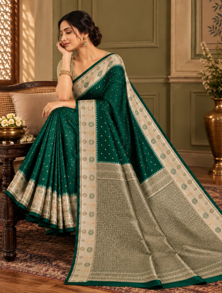 Peacock Green Womens Premium Semi Gadwal saree With Turning Border