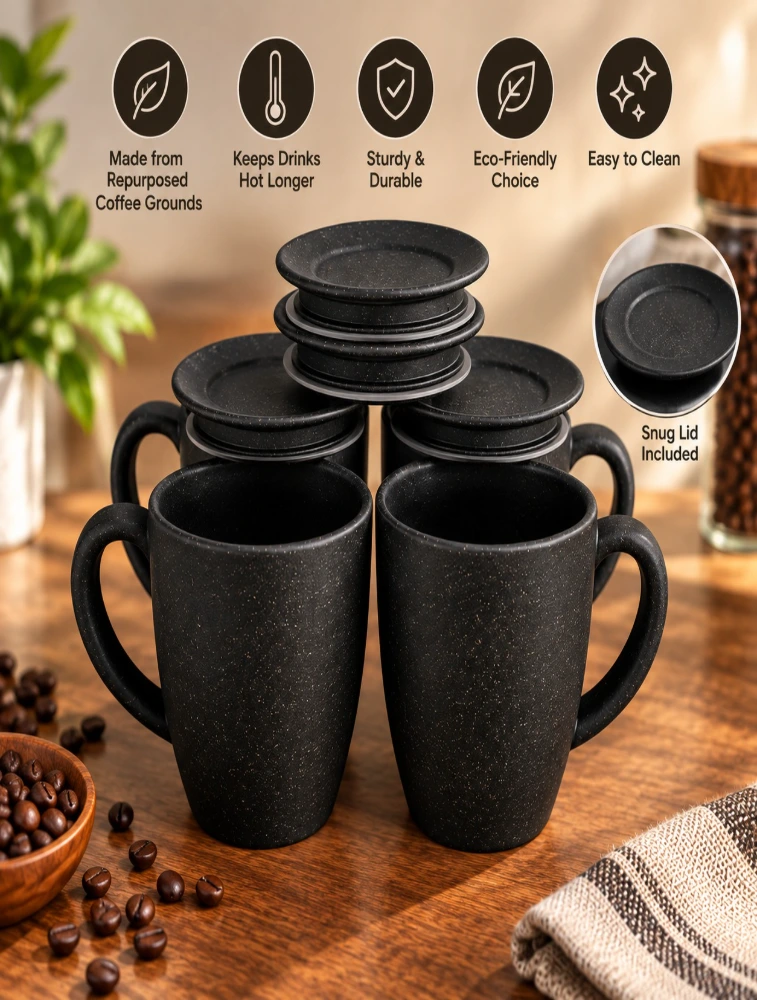 Personalised Charcoal Rice Husk  Lid and Vintage Brew  Microwave Safe 4 Piece  Mugs  300ml
