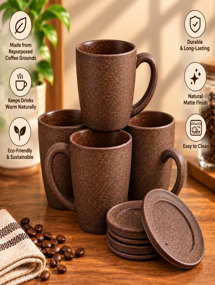 Personalised Cocoa Brown Rice Husk Lid and Vintage Brew  Safe 4 Piece Mugs  300ml