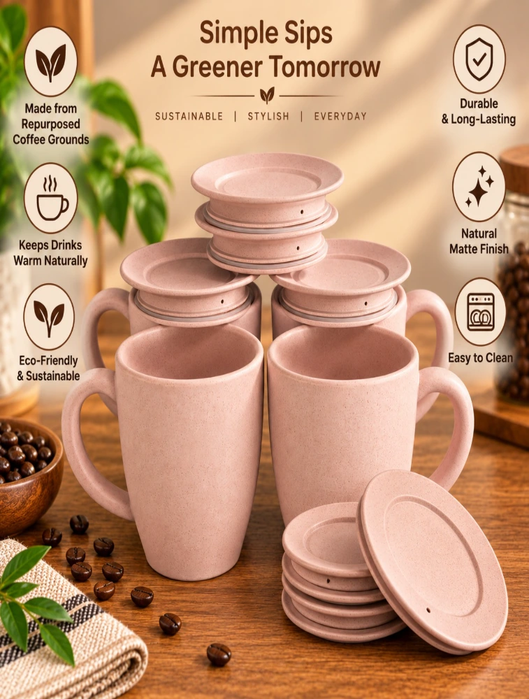 Personalised Pastel  Peach Rice Husk  Lid and Vintage Brew Microwave 4 Piece  Mugs 300ml