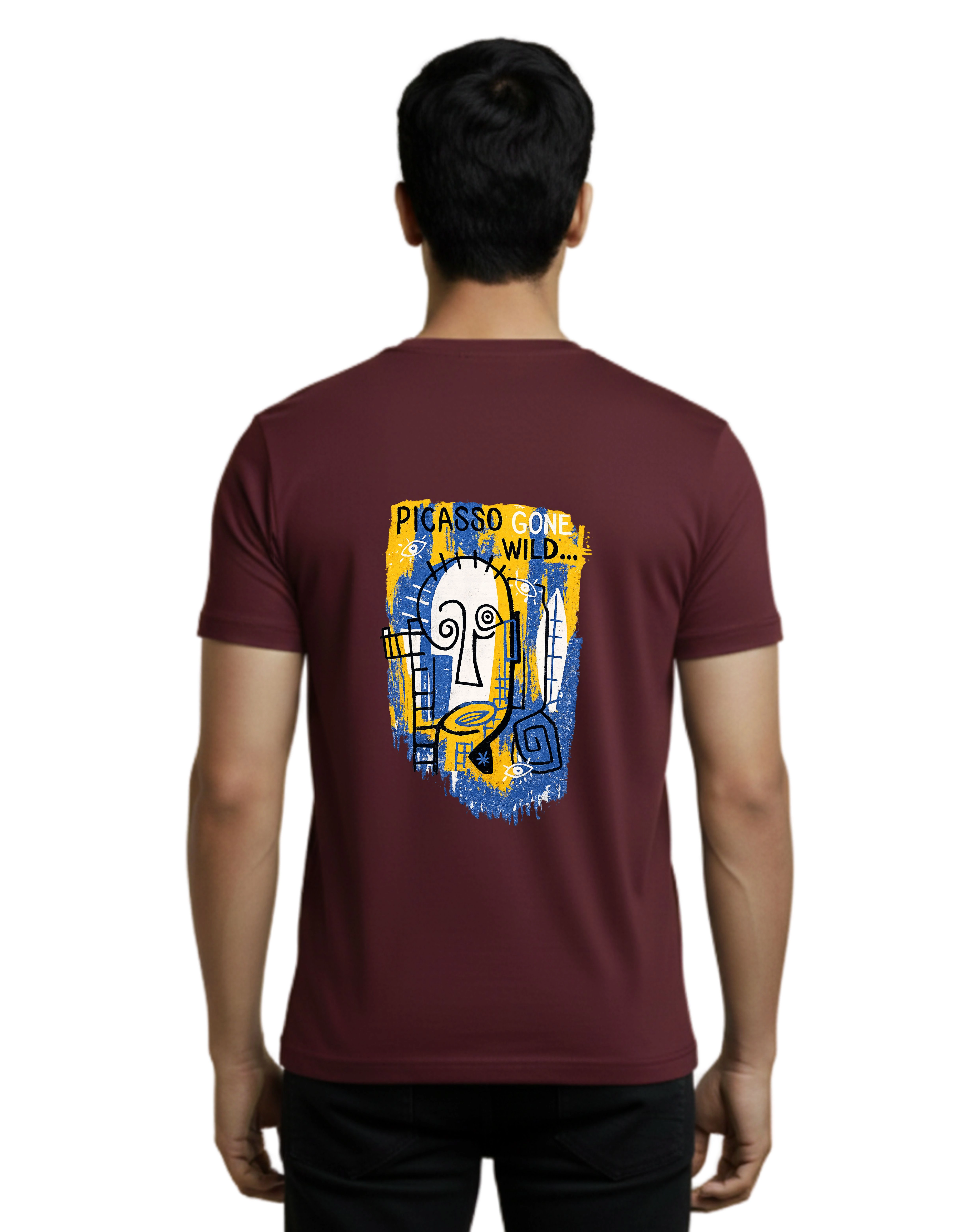 Picasso Gone Wild Graphic Cotton Round Neck 180 GSM T-Shirt Maroon