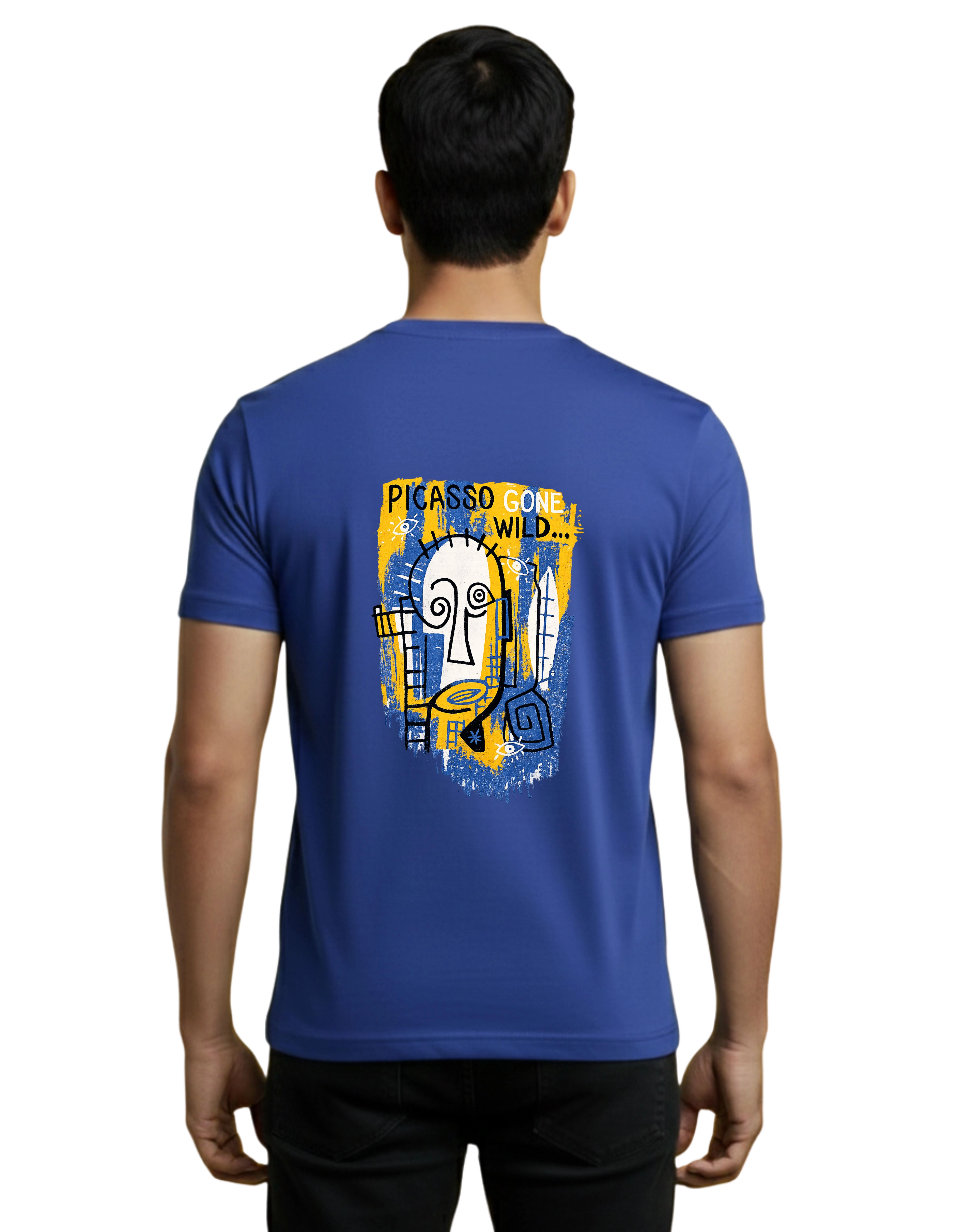 Picasso Gone Wild Graphic Cotton Round Neck 180 GSM T-Shirt Royal Blue