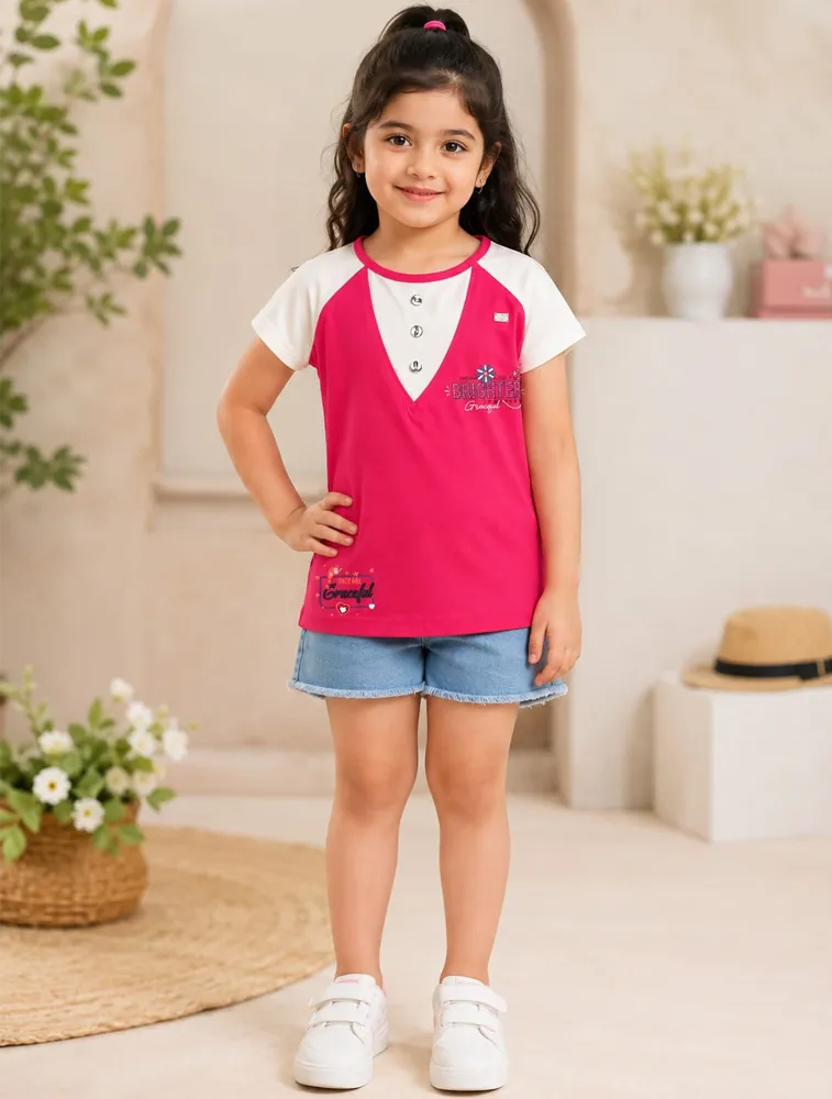 Pink Girls Graphic Printed Cotton Short Sleeve T Shirt