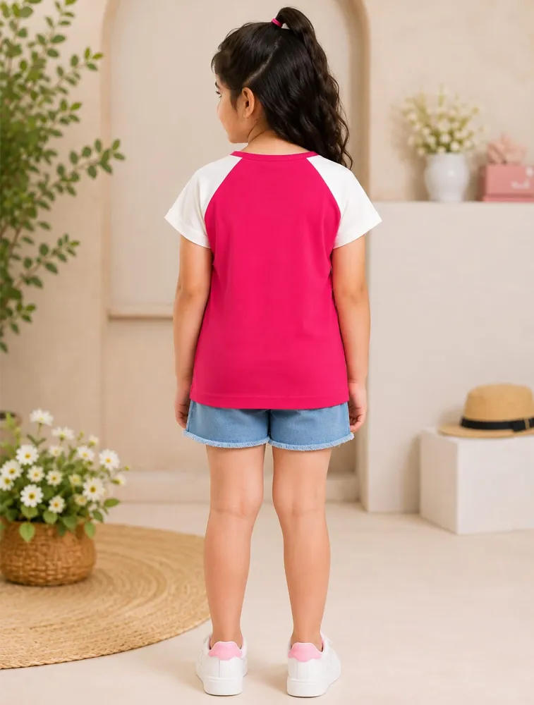 Pink Girls Graphic Printed Cotton Short Sleeve T Shirt