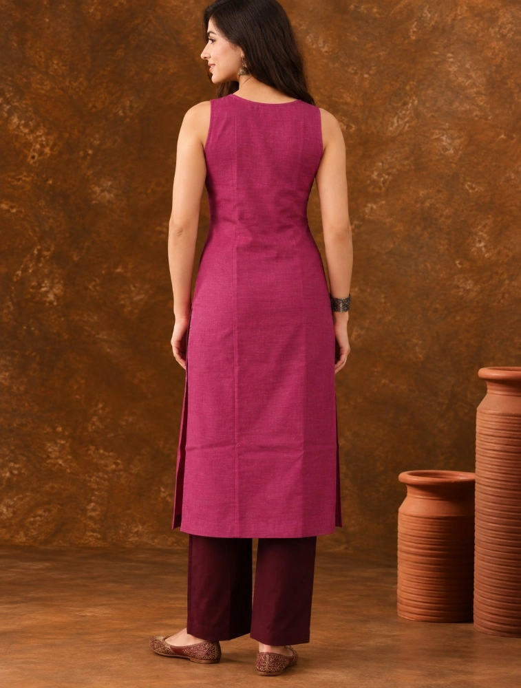 Pink Women Ethnic Sleeveless Straight Kurta