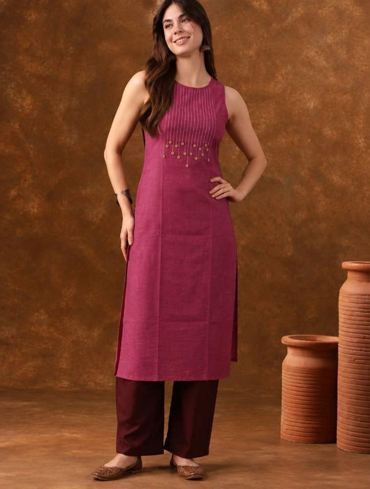 Pink Women Ethnic Sleeveless Straight Kurta