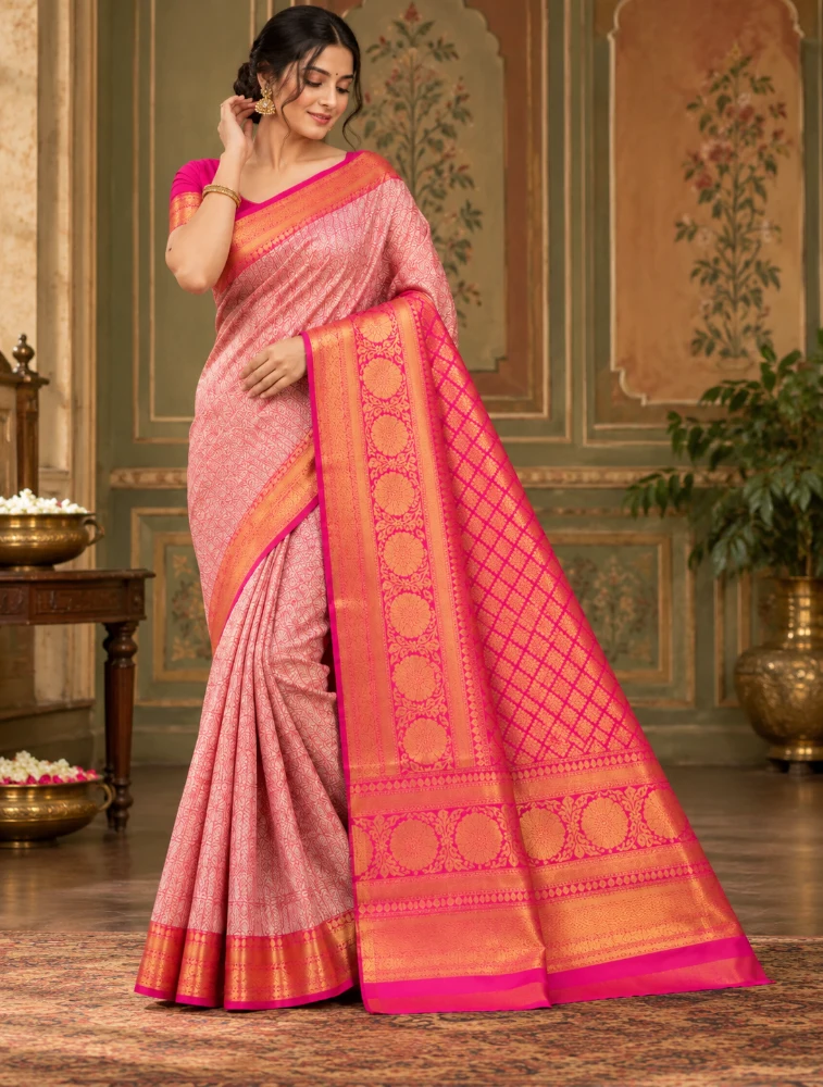 Pink Womens  Elegant Tissue Brocade Saree with Rich Zari Border