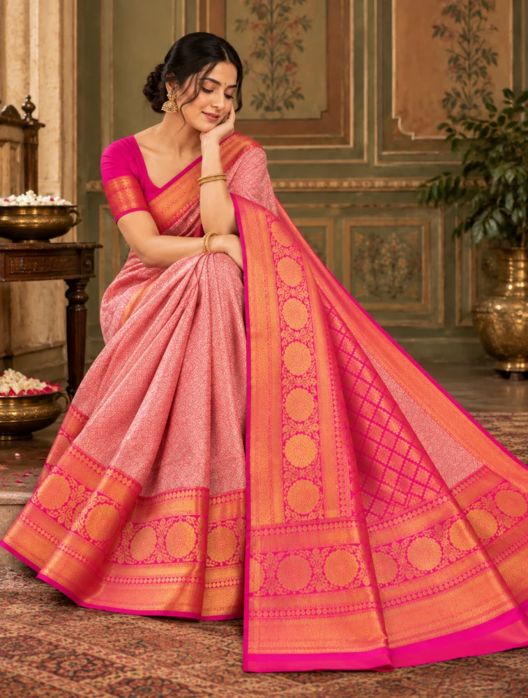 Pink Womens  Elegant Tissue Brocade Saree with Rich Zari Border    