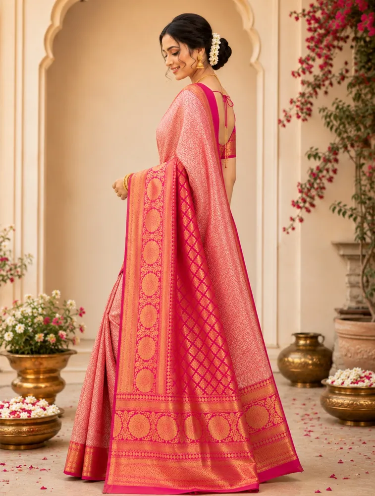 Pink Womens Premium Tissue Brocade 3 Card Saree