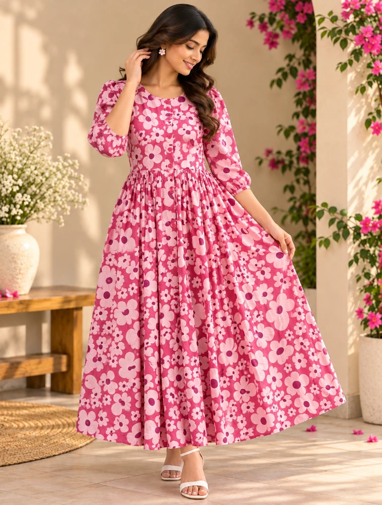 Pink Womens Floral Printed Cotton Blend Kurta