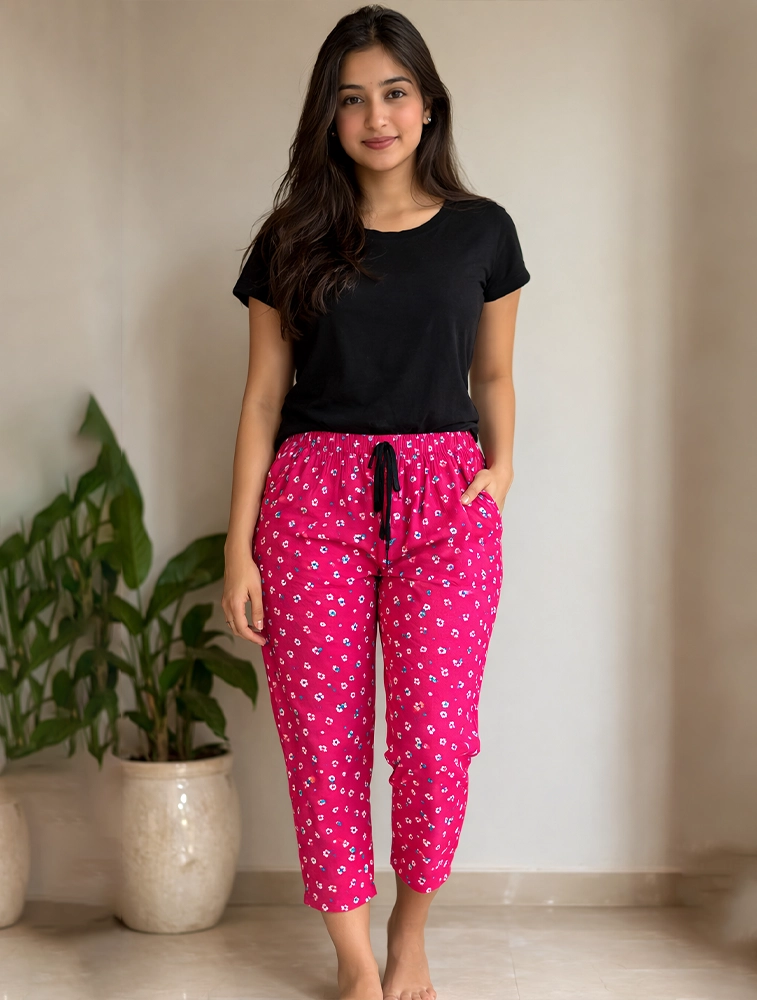 Pink Womens Floral Printed Polycotton 120 GSM Capri Pant with Pocket