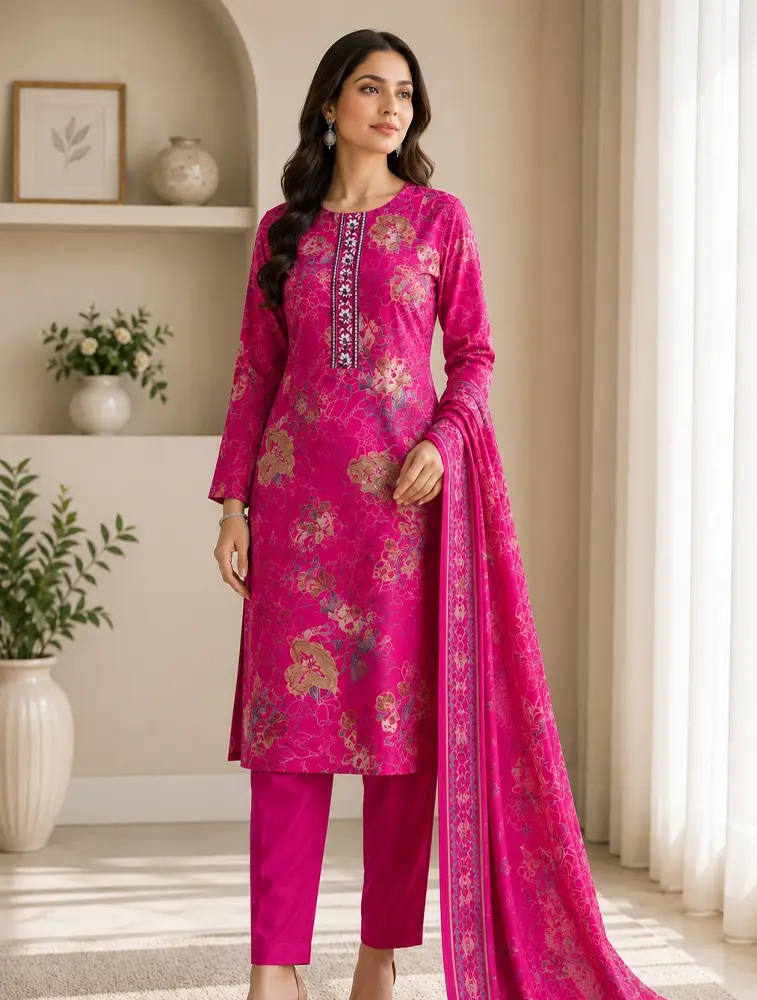 Pink Womens Floral Printed Rayon Fabric Kurtha Set With Dupatta 