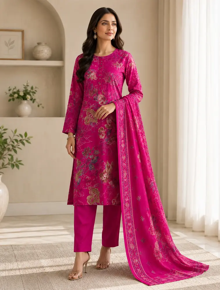 Pink Womens Floral Printed Rayon Fabric Kurtha Set With Dupatta