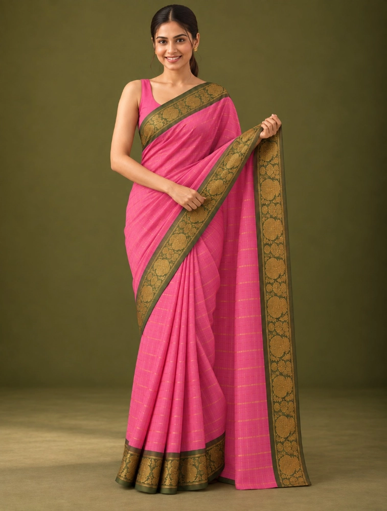 Pink Womens Premium Chettinad Check Saree